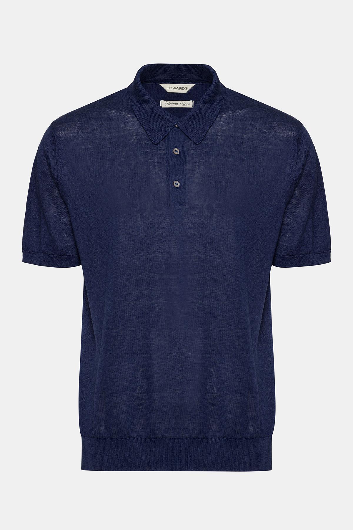  Erkek Lacivert Keten Kısa Kollu Polo Yaka Kazak