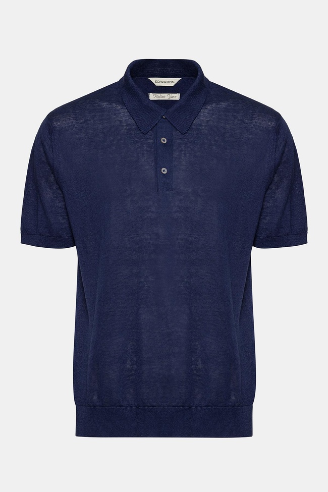  Erkek Lacivert Keten Kısa Kollu Polo Yaka Kazak