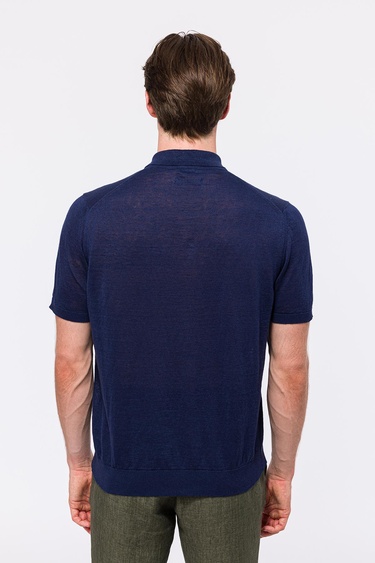  Erkek Lacivert Keten Kısa Kollu Polo Yaka Kazak