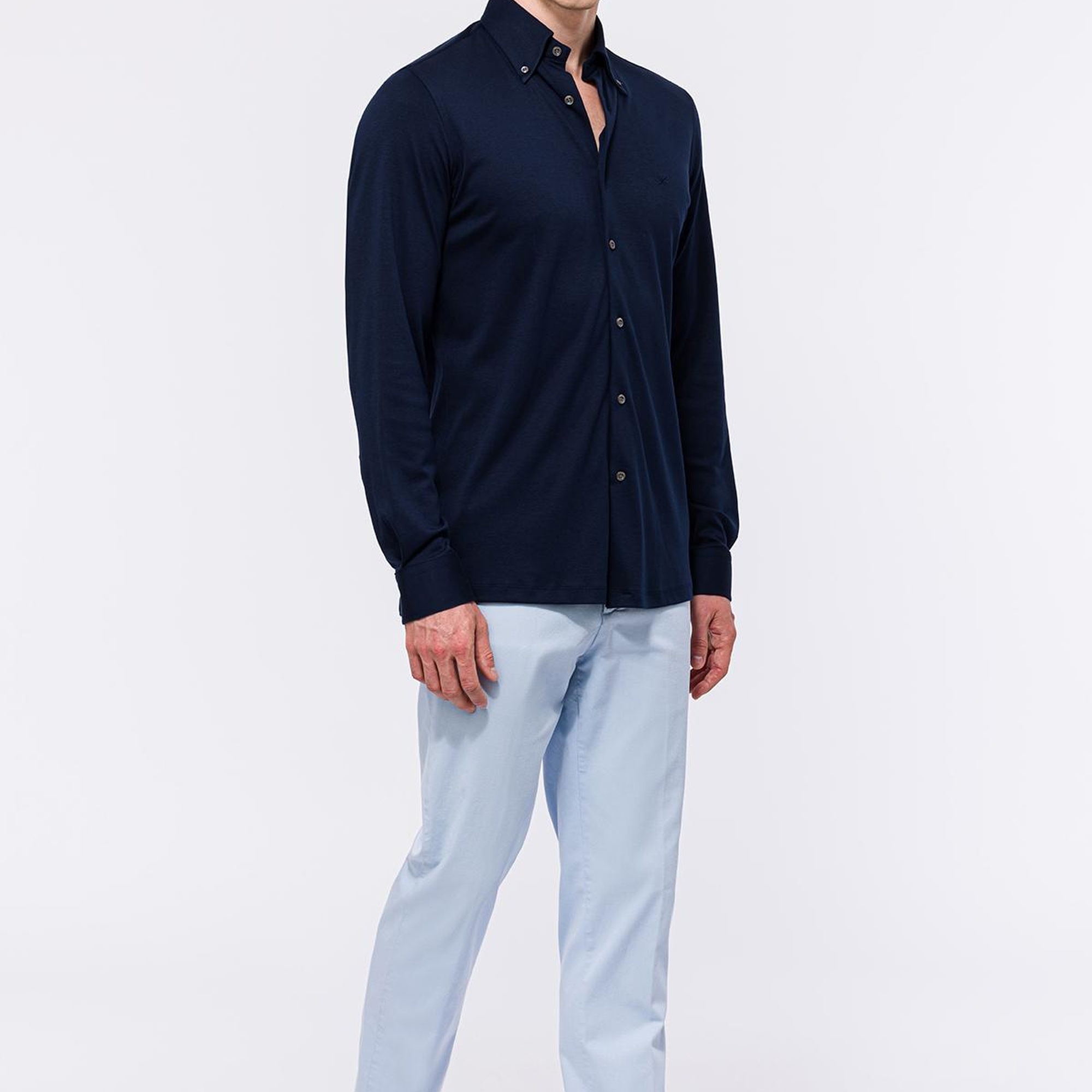 Erkek Lacivert Cooper Fit Düğmeli Yaka İnterlock Gömlek