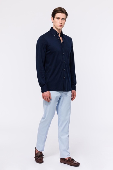  Erkek Lacivert Cooper Fit Düğmeli Yaka İnterlock Gömlek