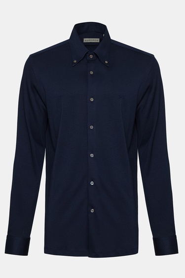  Erkek Lacivert Cooper Fit Düğmeli Yaka İnterlock Gömlek