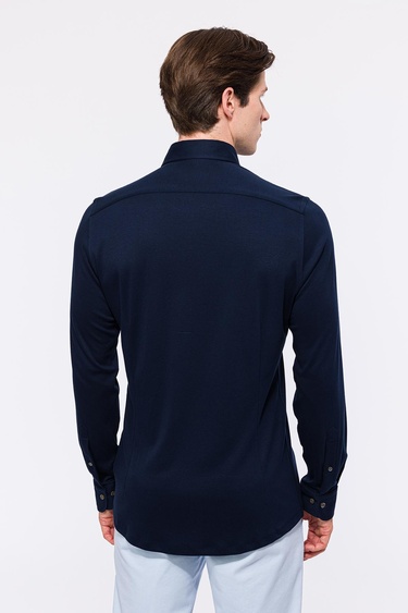  Erkek Lacivert Cooper Fit Düğmeli Yaka İnterlock Gömlek