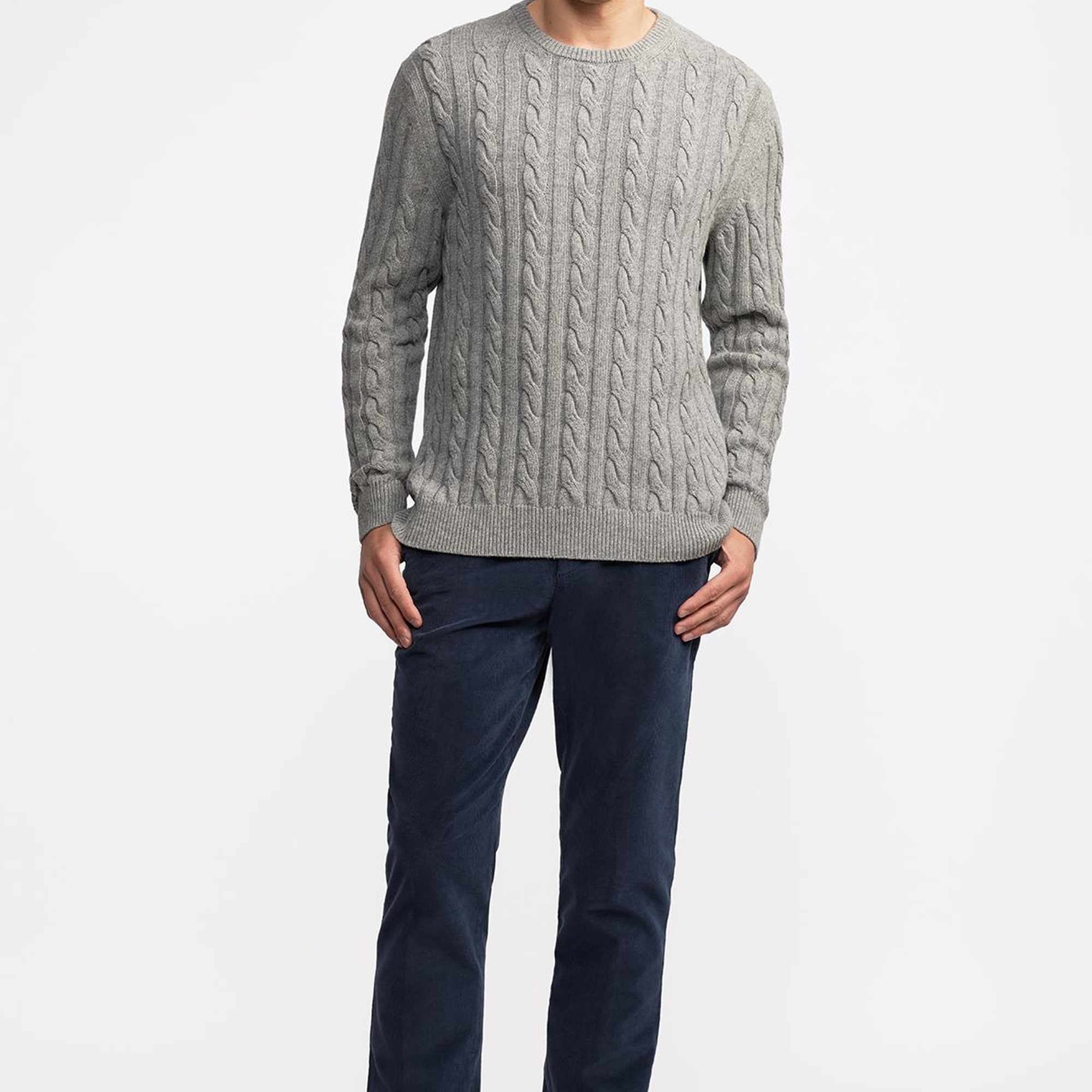 Erkek Gri Melanj Yün Kaşmir Karışımlı Saç Örgülü Kazak