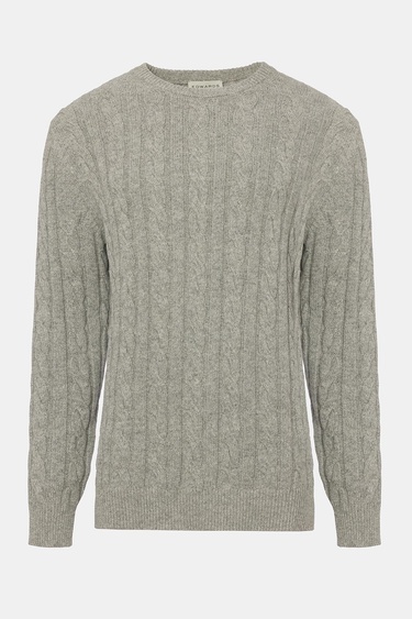  Erkek Gri Melanj Yün Kaşmir Karışımlı Saç Örgülü Kazak