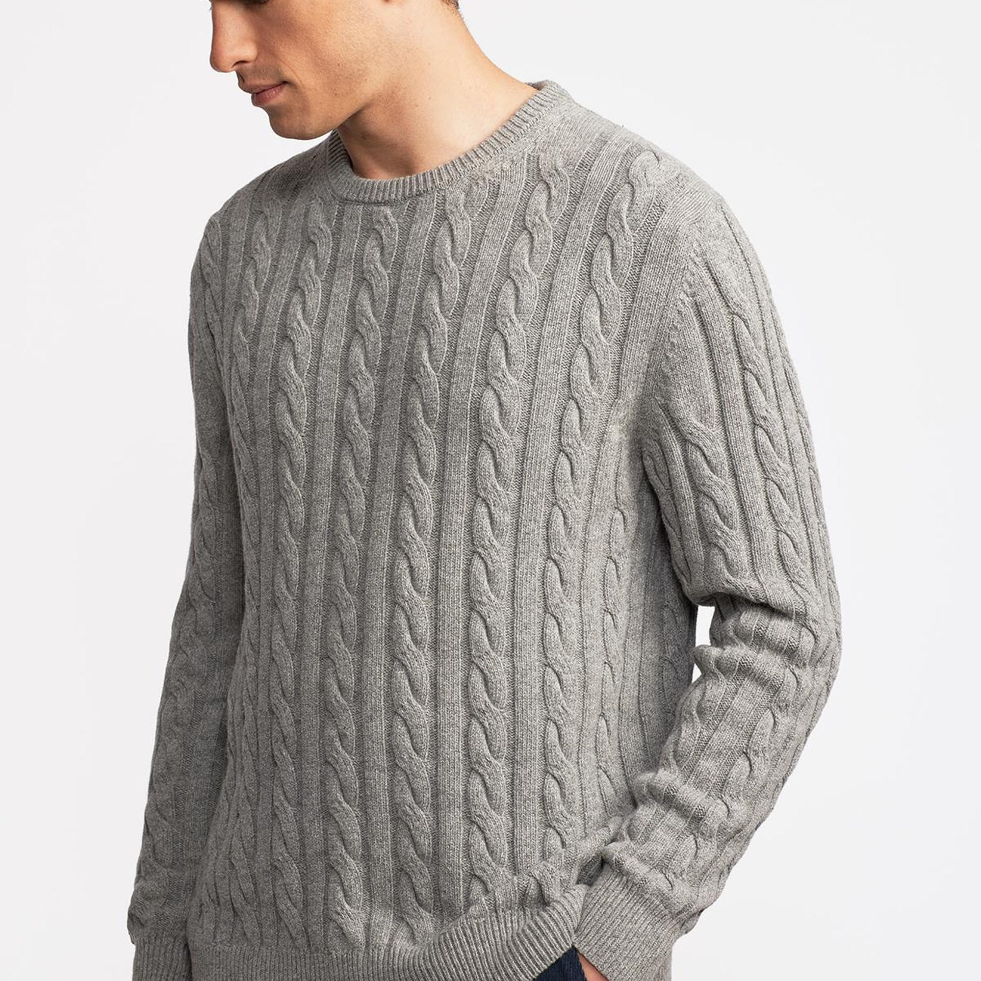 Erkek Gri Melanj Yün Kaşmir Karışımlı Saç Örgülü Kazak