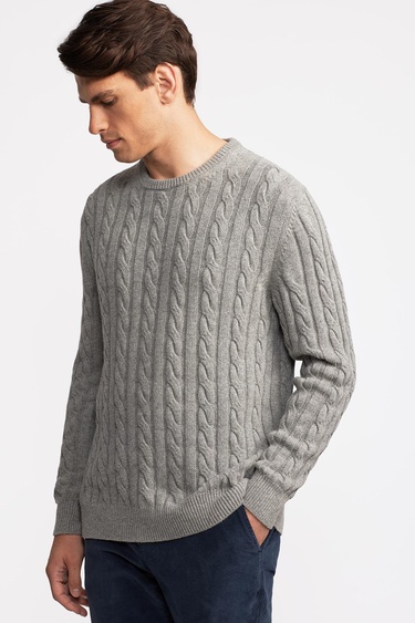  Erkek Gri Melanj Yün Kaşmir Karışımlı Saç Örgülü Kazak