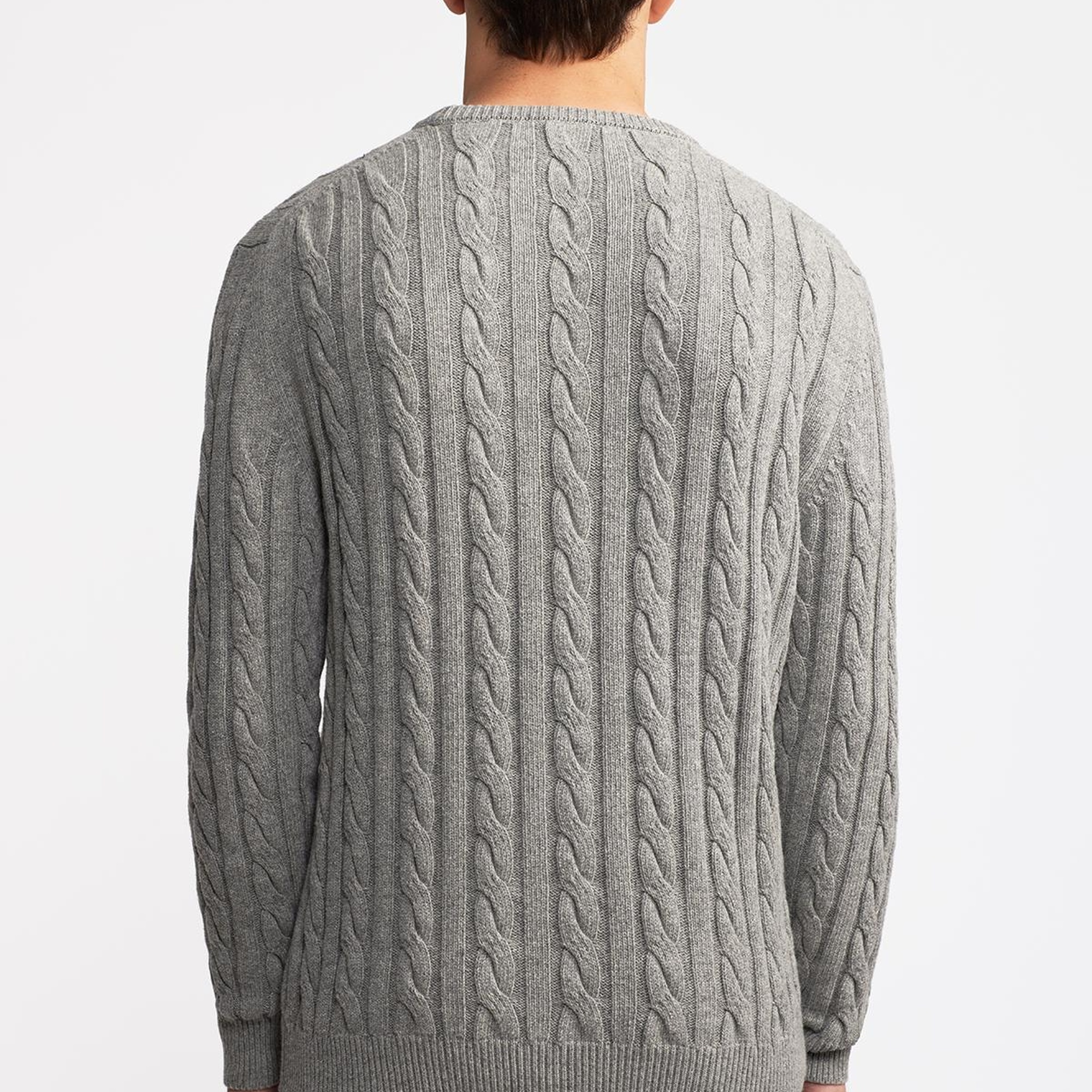 Erkek Gri Melanj Yün Kaşmir Karışımlı Saç Örgülü Kazak