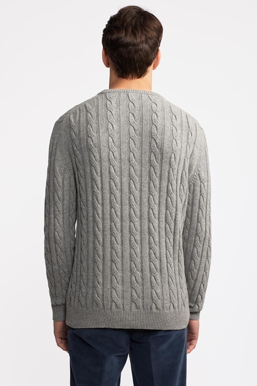  Erkek Gri Melanj Yün Kaşmir Karışımlı Saç Örgülü Kazak