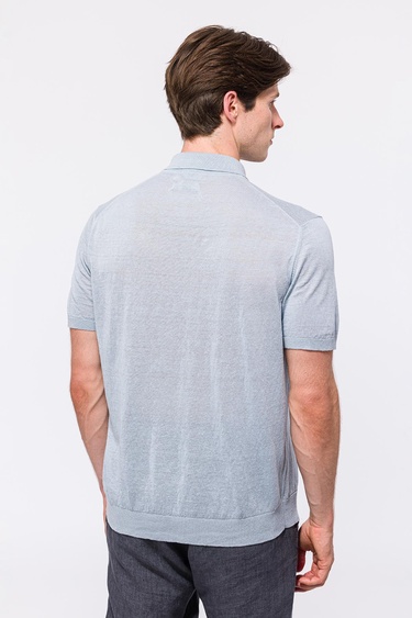  Erkek Gri Keten Kısa Kollu Polo Yaka Kazak