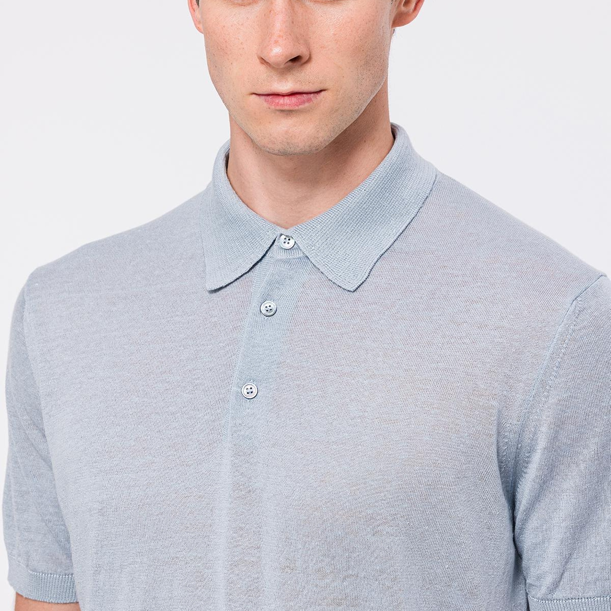 Erkek Gri Keten Kısa Kollu Polo Yaka Kazak