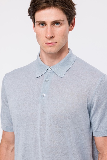  Erkek Gri Keten Kısa Kollu Polo Yaka Kazak