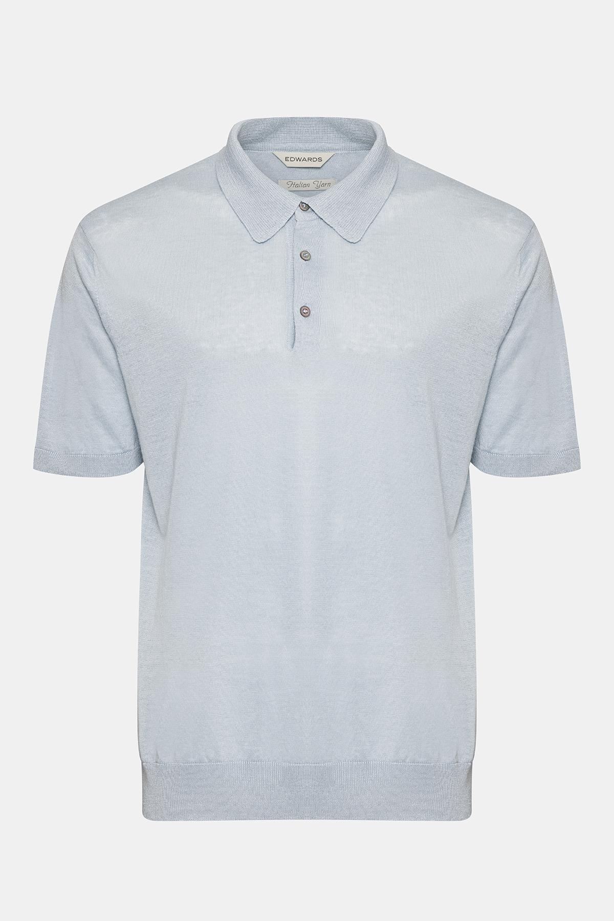  Erkek Gri Keten Kısa Kollu Polo Yaka Kazak