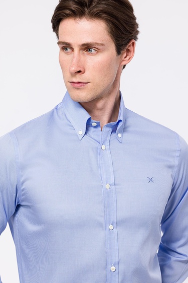  Erkek Mavi Cooper Fit Düğmeli Yaka Klasik Gömlek