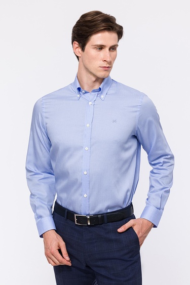  Erkek Mavi Cooper Fit Düğmeli Yaka Klasik Gömlek