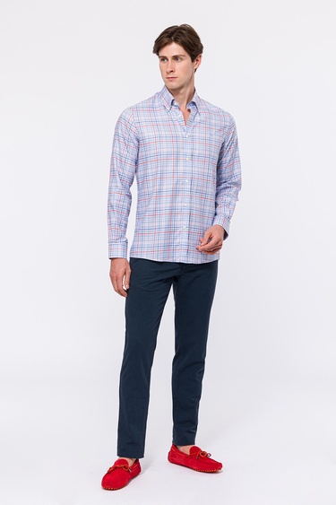  Erkek Bordo Cooper Fit Düğmeli Yaka Ekoseli Oxford Spor Gömlek