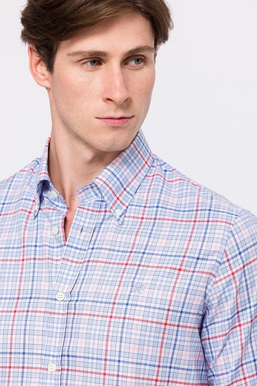  Erkek Bordo Cooper Fit Düğmeli Yaka Ekoseli Oxford Spor Gömlek