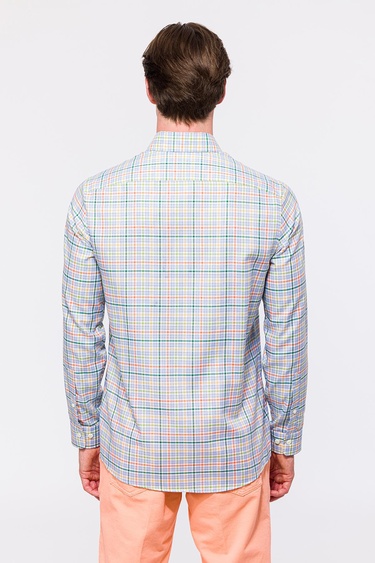  Erkek Turuncu Cooper Fit Düğmeli Yaka Ekoseli Oxford Spor Gömlek