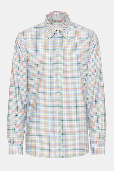  Erkek Turuncu Cooper Fit Düğmeli Yaka Ekoseli Oxford Spor Gömlek