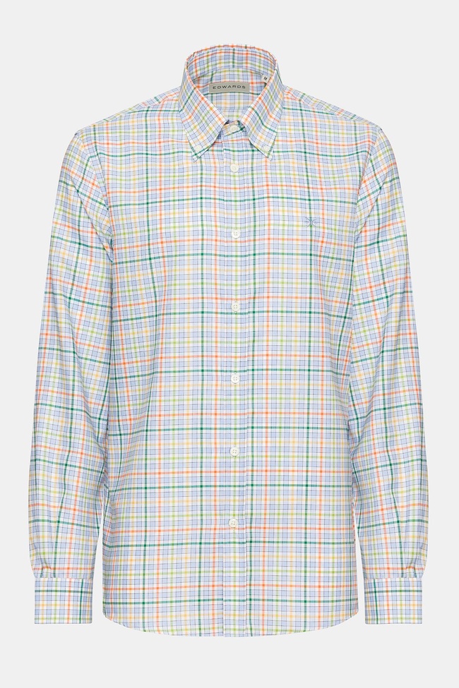  Erkek Turuncu Cooper Fit Düğmeli Yaka Ekoseli Oxford Spor Gömlek