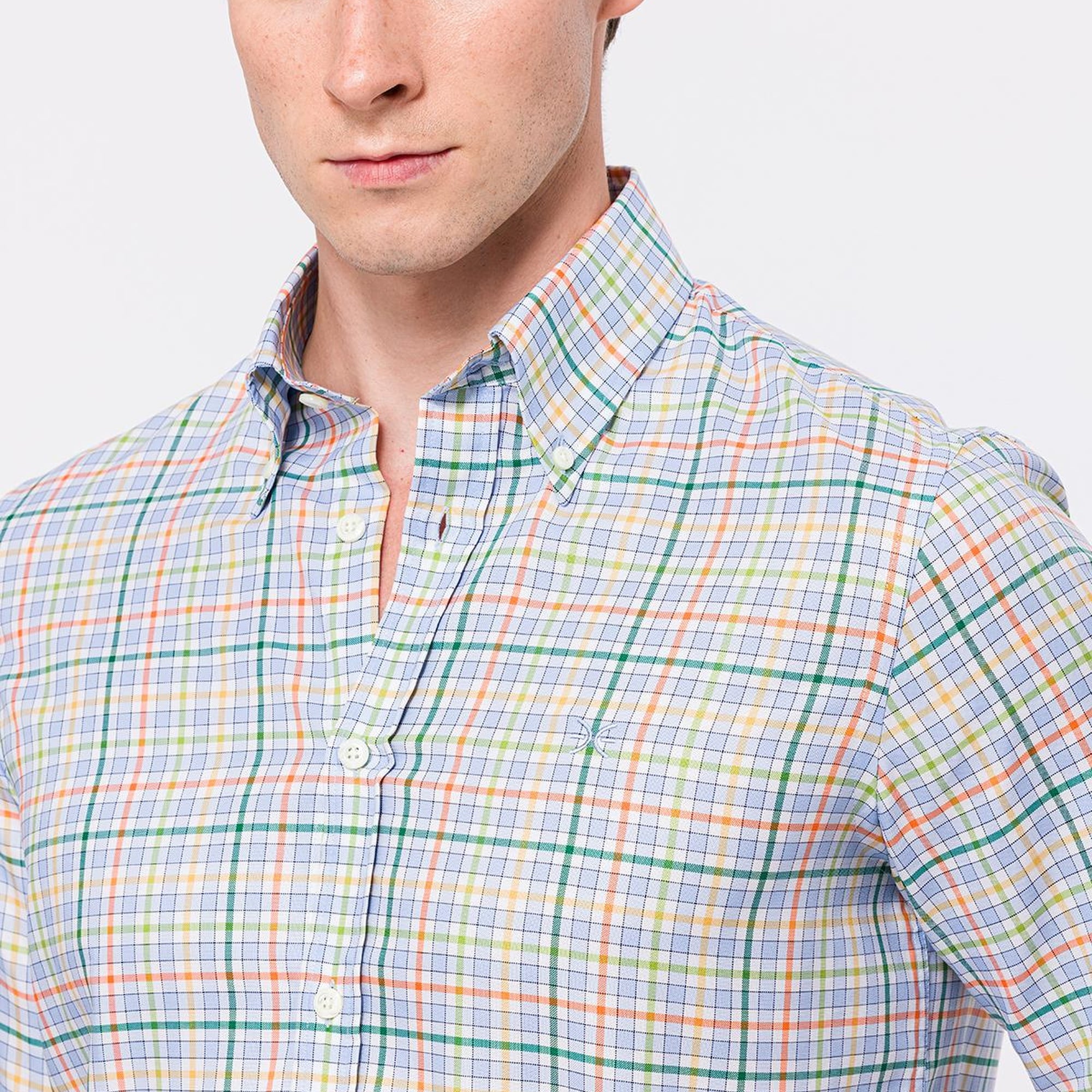 Erkek Turuncu Cooper Fit Düğmeli Yaka Ekoseli Oxford Spor Gömlek