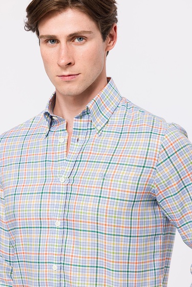  Erkek Turuncu Cooper Fit Düğmeli Yaka Ekoseli Oxford Spor Gömlek