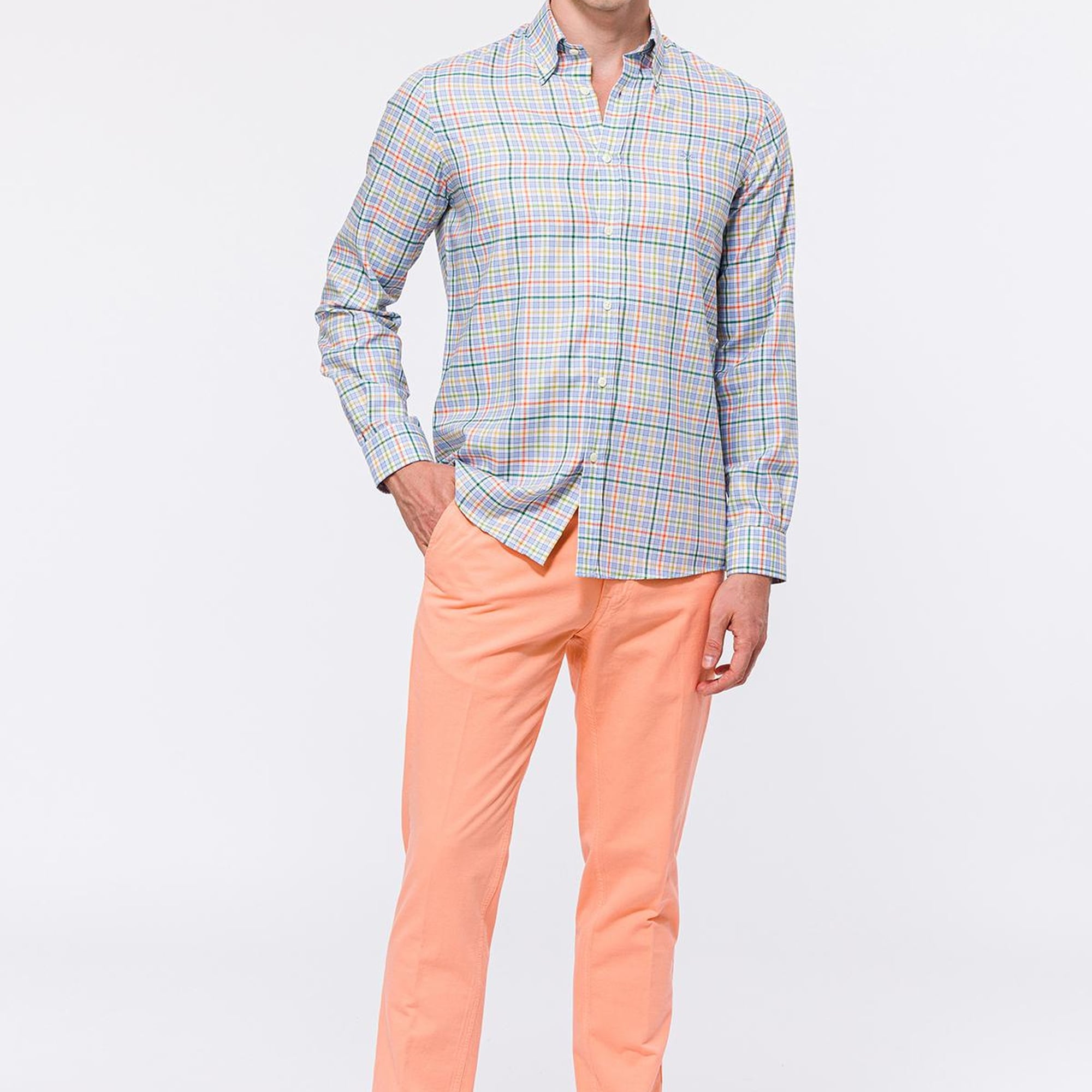 Erkek Turuncu Cooper Fit Düğmeli Yaka Ekoseli Oxford Spor Gömlek