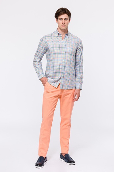  Erkek Turuncu Cooper Fit Düğmeli Yaka Ekoseli Oxford Spor Gömlek