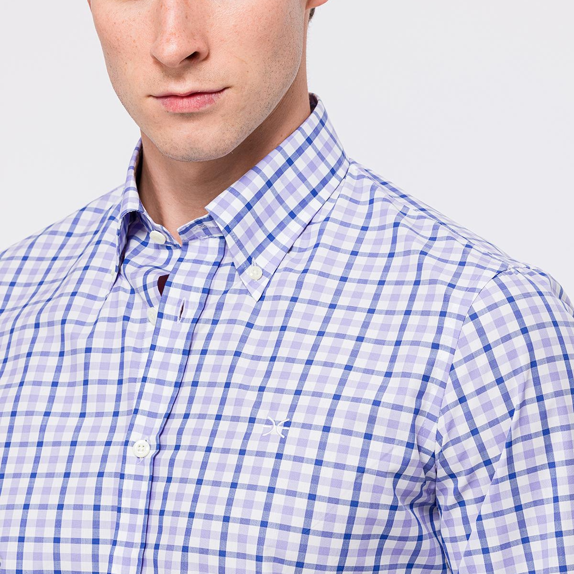 Erkek Mor Cooper Fit Düğmeli Yaka Ekoseli Spor Gömlek