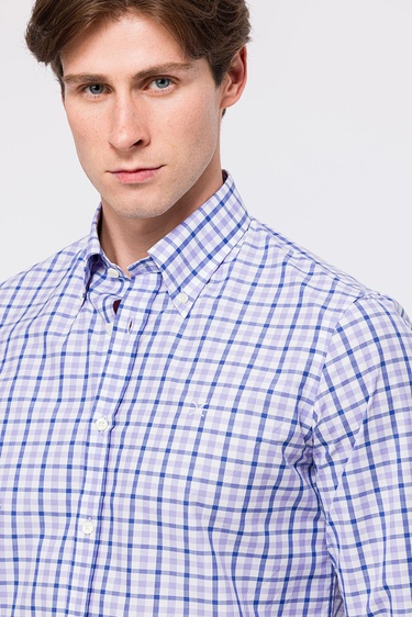  Erkek Mor Cooper Fit Düğmeli Yaka Ekoseli Spor Gömlek