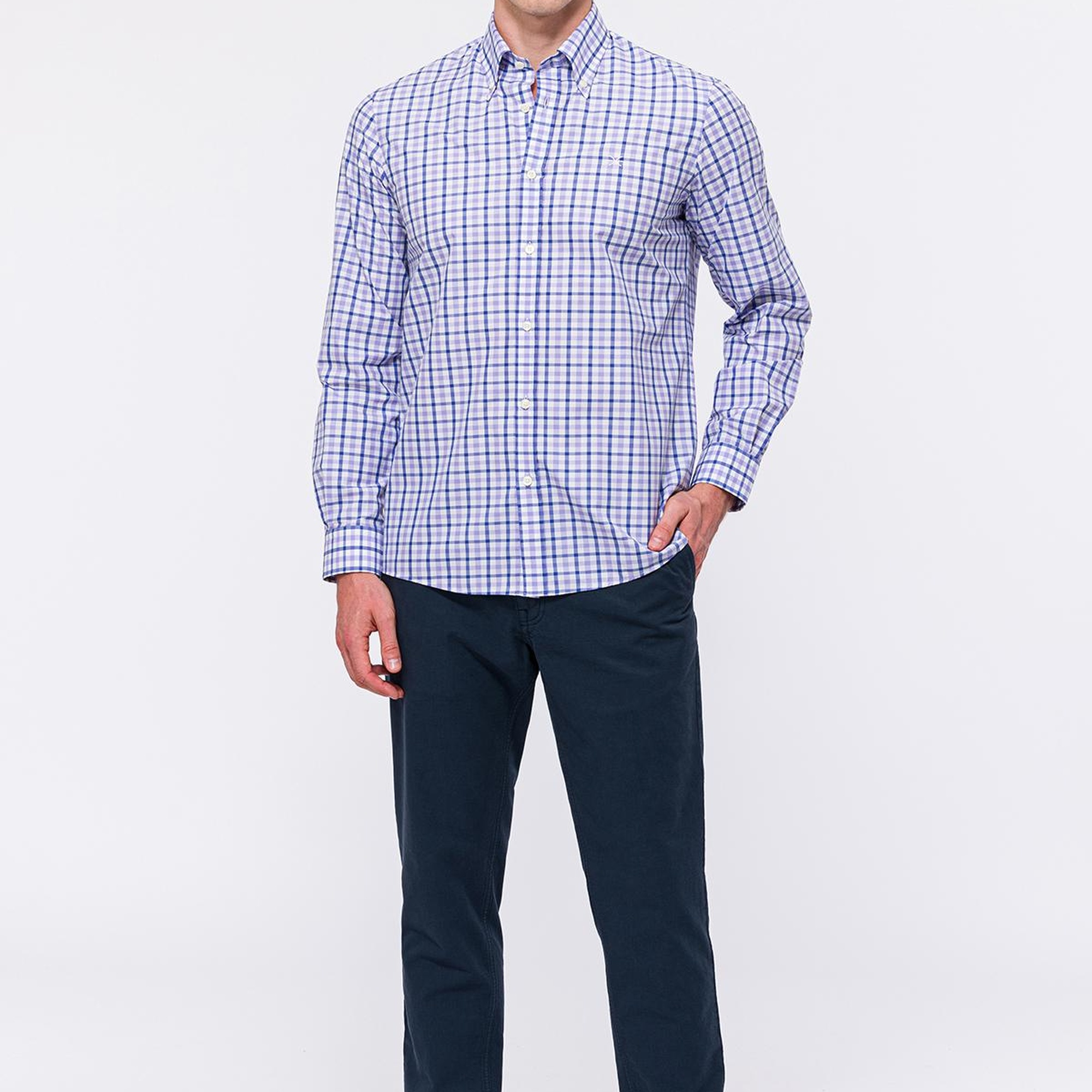 Erkek Mor Cooper Fit Düğmeli Yaka Ekoseli Spor Gömlek