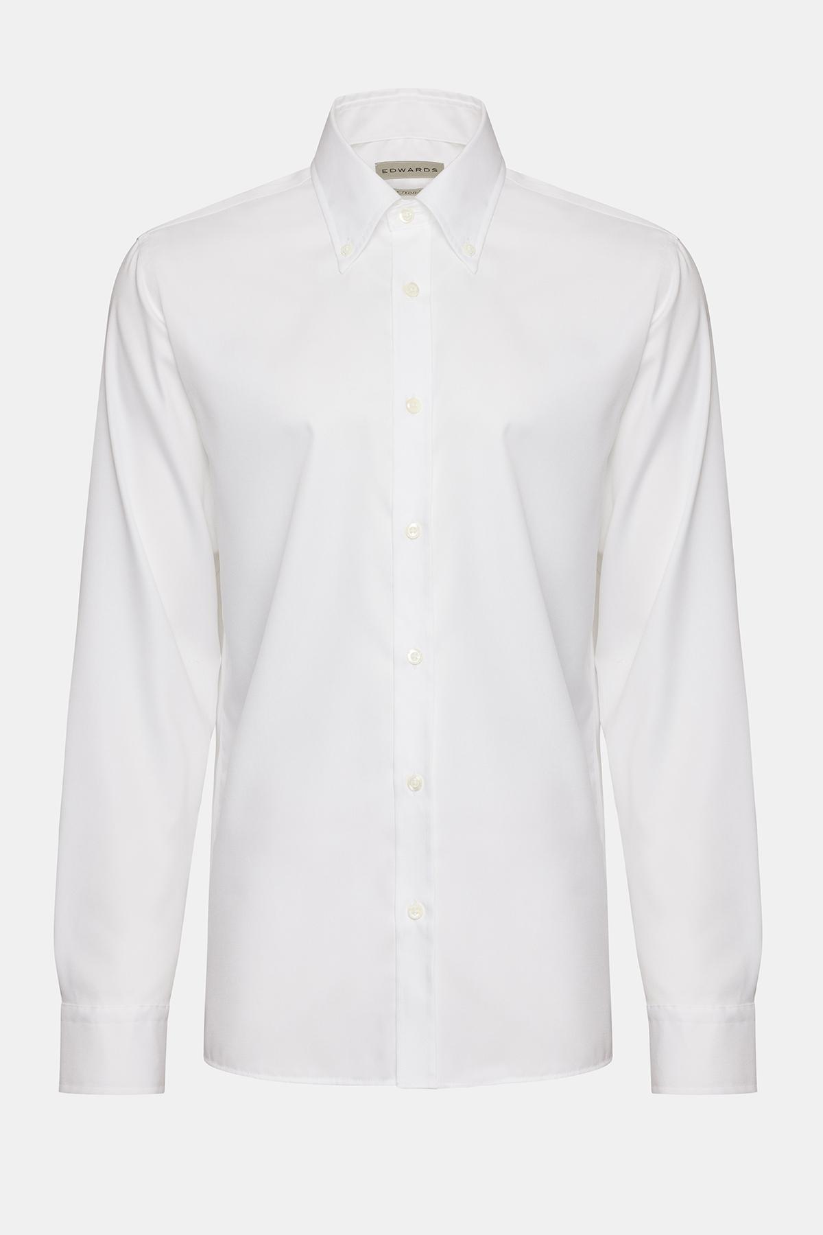  Erkek Beyaz Cooper Fit Düğmeli Yaka Non-Iron Spor Gömlek