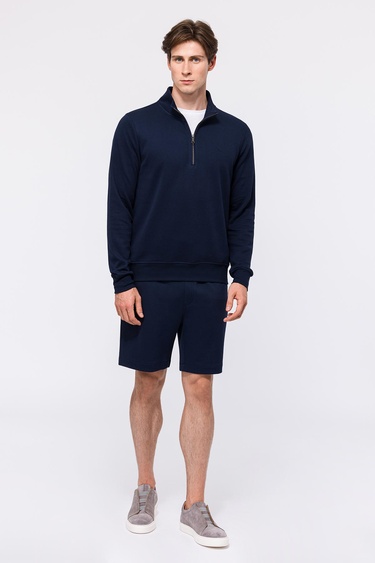  Erkek Lacivert Yarım Fermuarlı Organik Pamuklu Sweatshirt