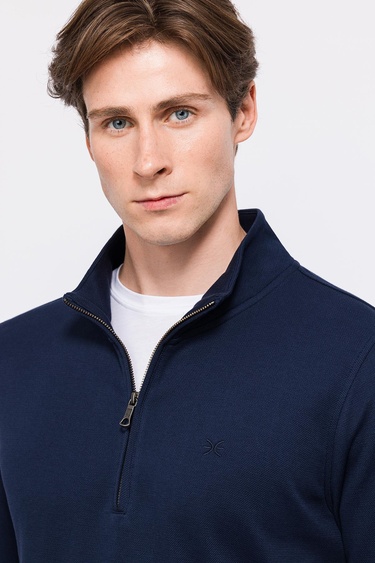  Erkek Lacivert Yarım Fermuarlı Organik Pamuklu Sweatshirt