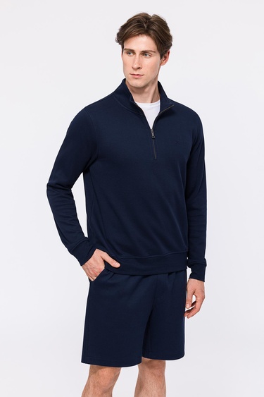  Erkek Lacivert Yarım Fermuarlı Organik Pamuklu Sweatshirt