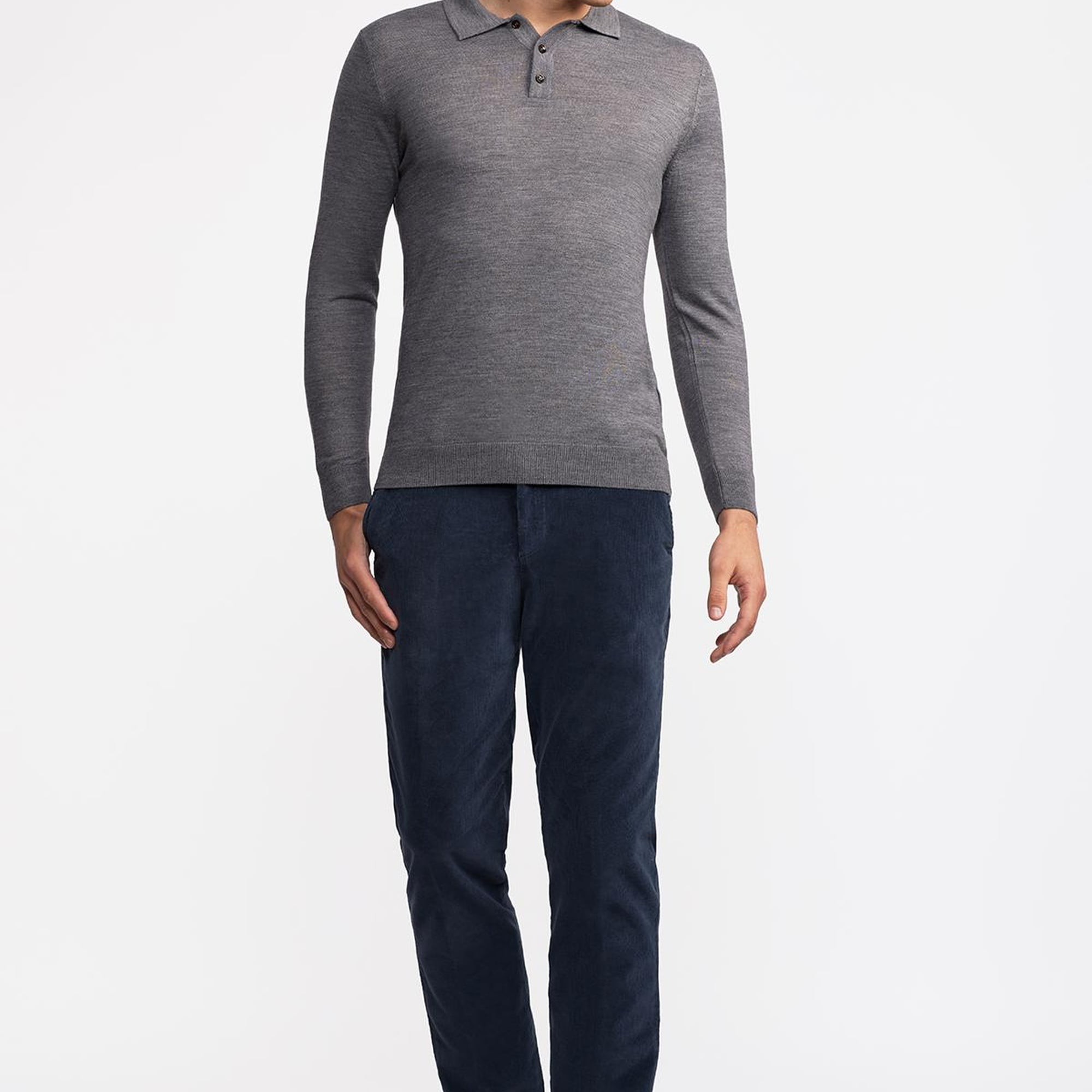 Erkek Gri Yün Polo Yaka Kazak