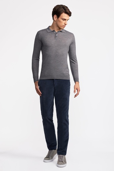  Erkek Gri Yün Polo Yaka Kazak
