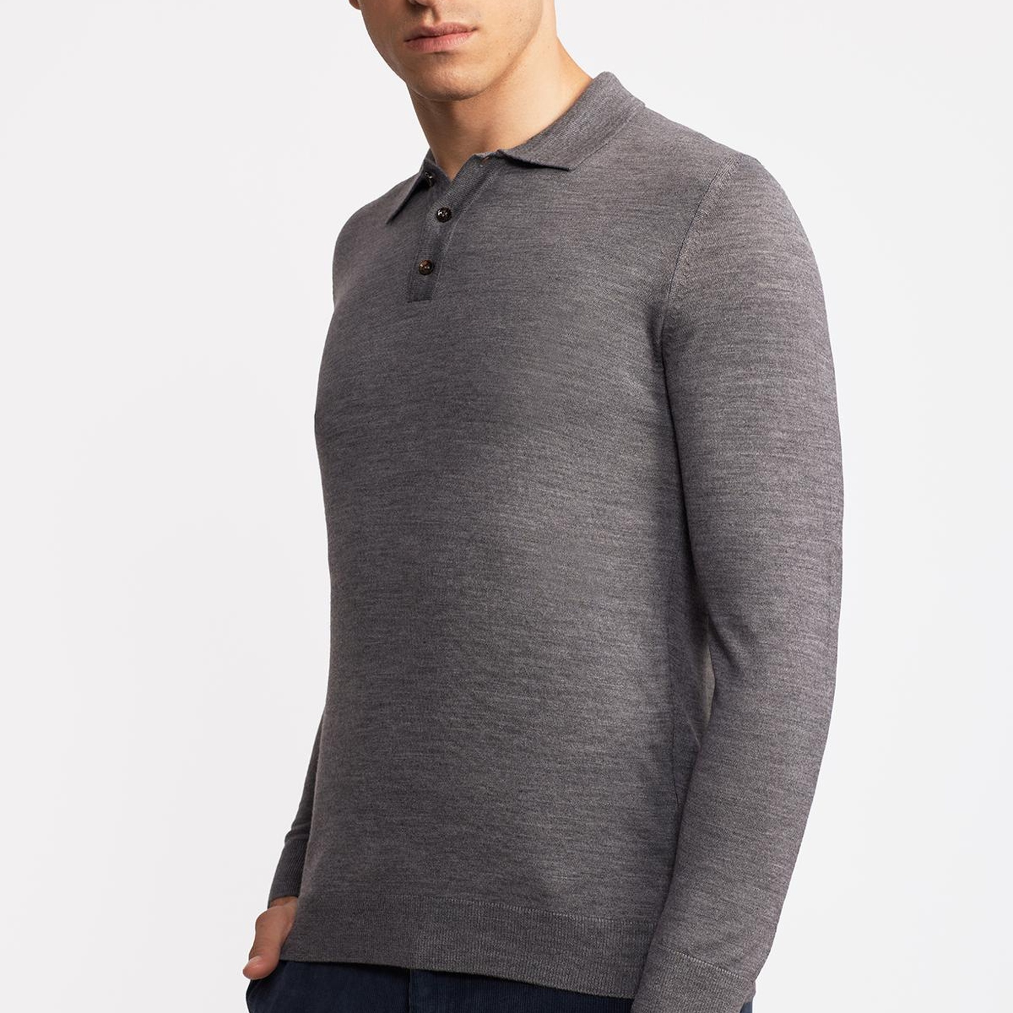 Erkek Gri Yün Polo Yaka Kazak