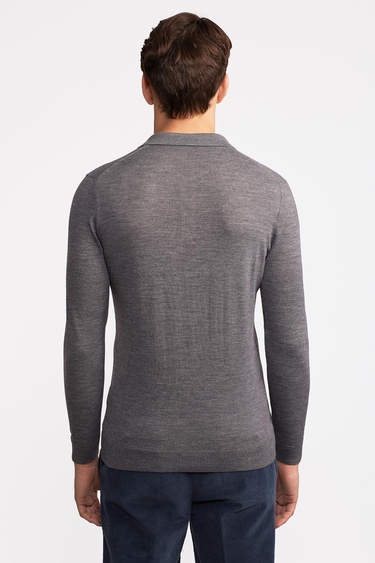  Erkek Gri Yün Polo Yaka Kazak