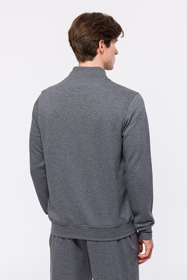  Erkek Gri Melanj Yarım Fermuarlı Organik Pamuklu Sweatshirt