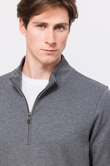  Erkek Gri Melanj Yarım Fermuarlı Organik Pamuklu Sweatshirt