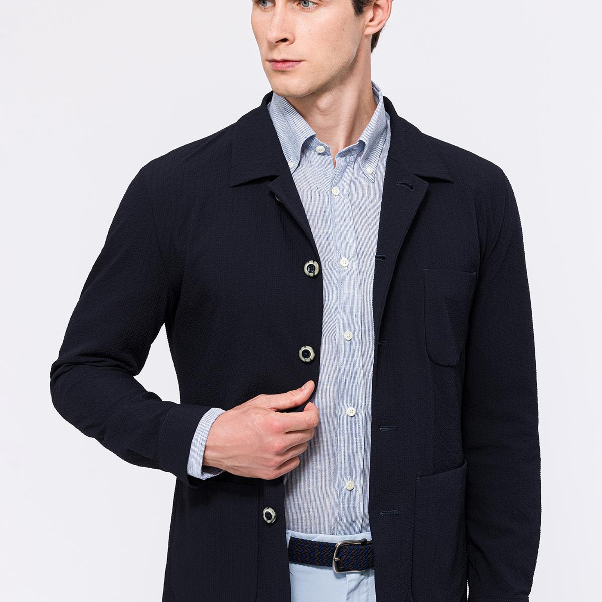 Erkek Lacivert Seersucker Casual Ceket