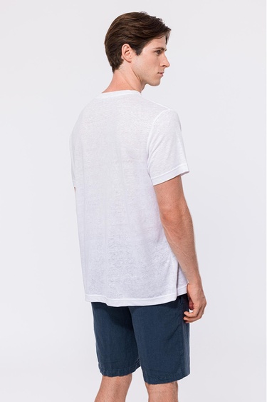  Erkek Beyaz Bisiklet Yaka Keten T-Shirt