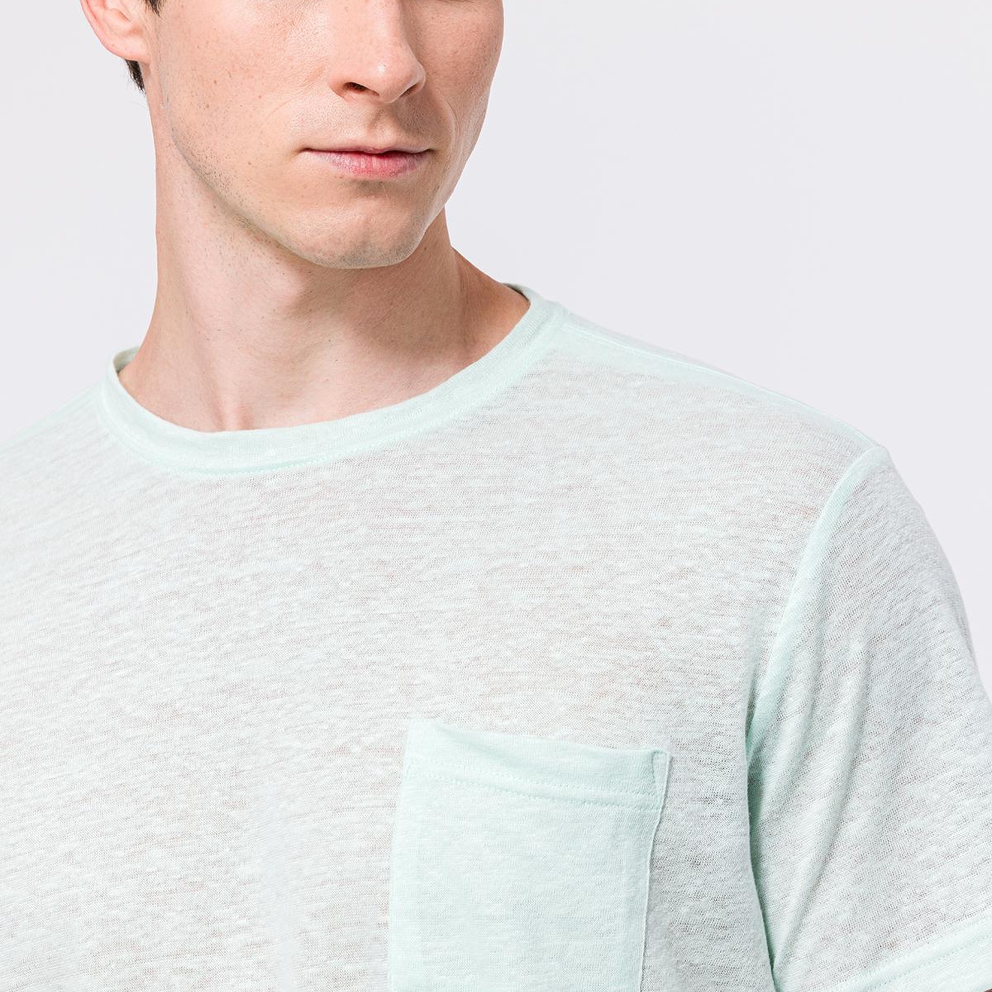 Erkek Açık Mavi Bisiklet Yaka Keten T-Shirt