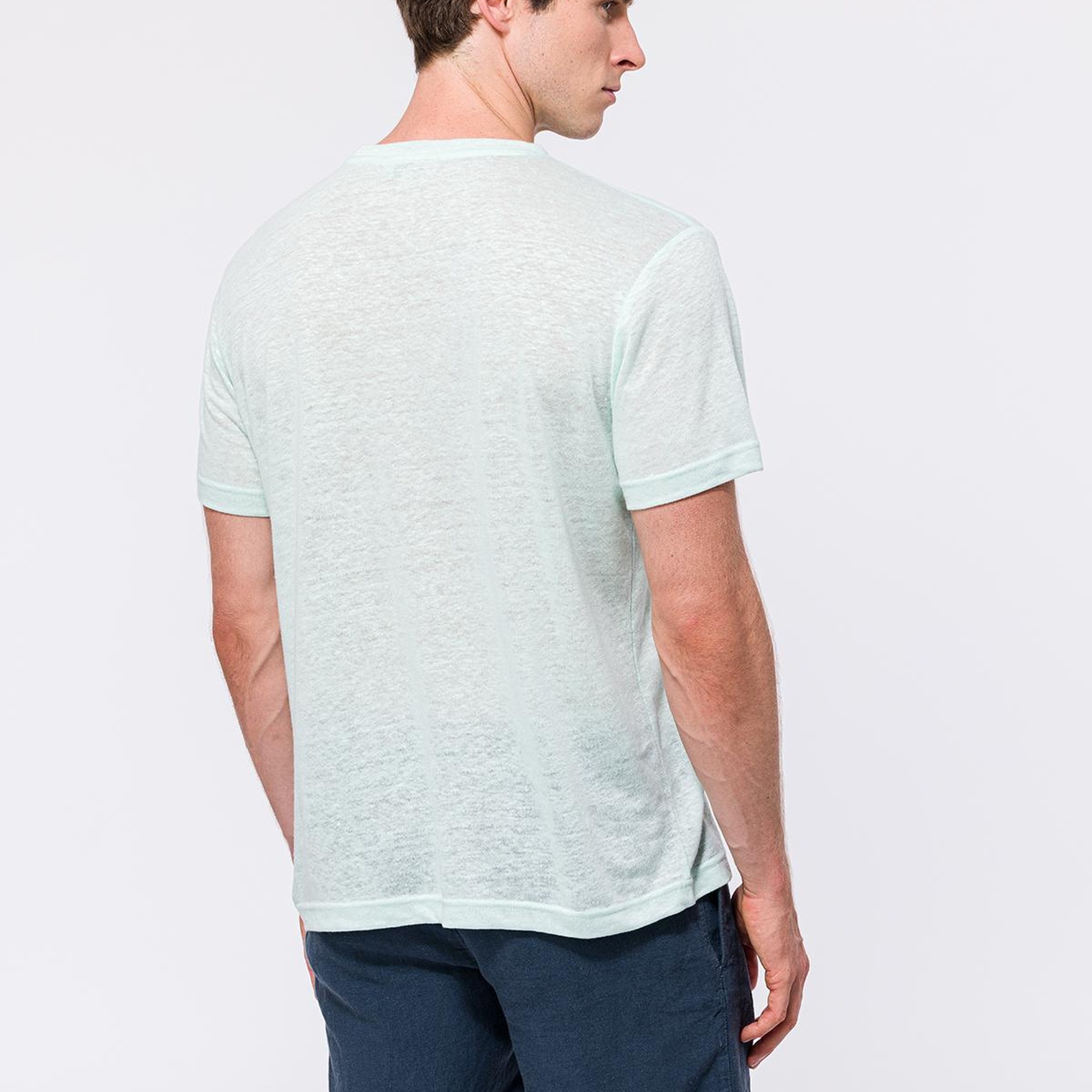 Erkek Açık Mavi Bisiklet Yaka Keten T-Shirt