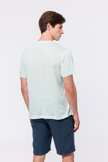  Erkek Açık Mavi Bisiklet Yaka Keten T-Shirt