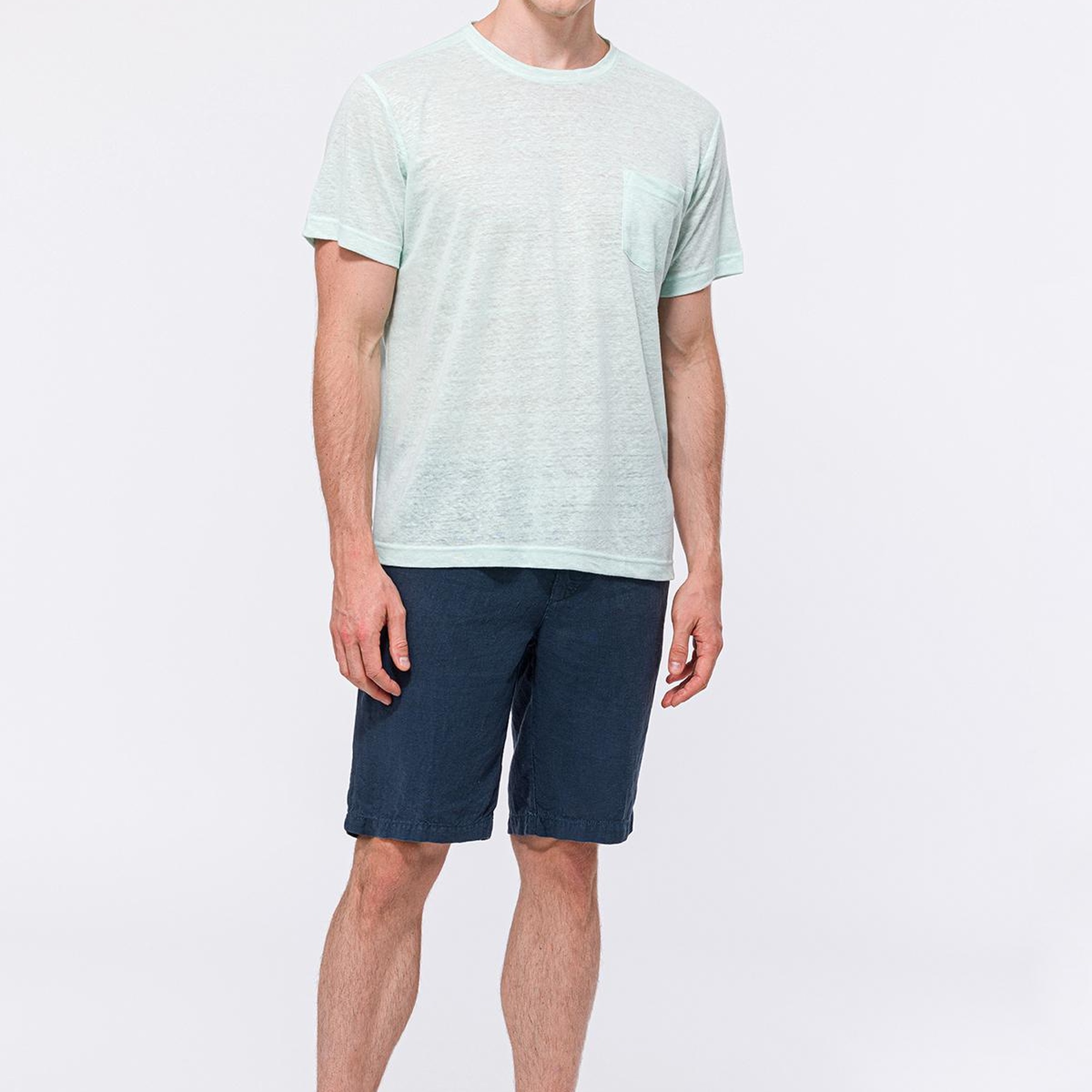 Erkek Açık Mavi Bisiklet Yaka Keten T-Shirt