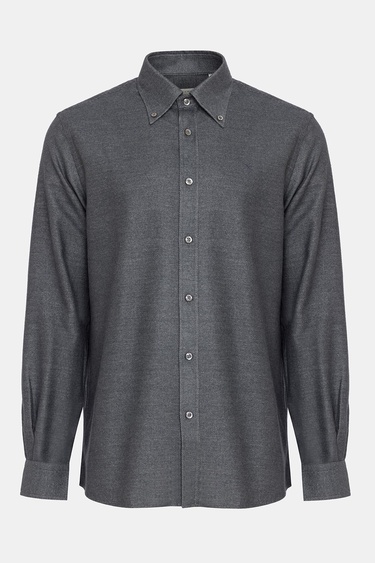  Erkek Koyu Gri Cooper Fit Düğmeli Yaka Flannel Gömlek
