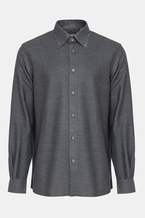  Erkek Koyu Gri Cooper Fit Düğmeli Yaka Flannel Gömlek