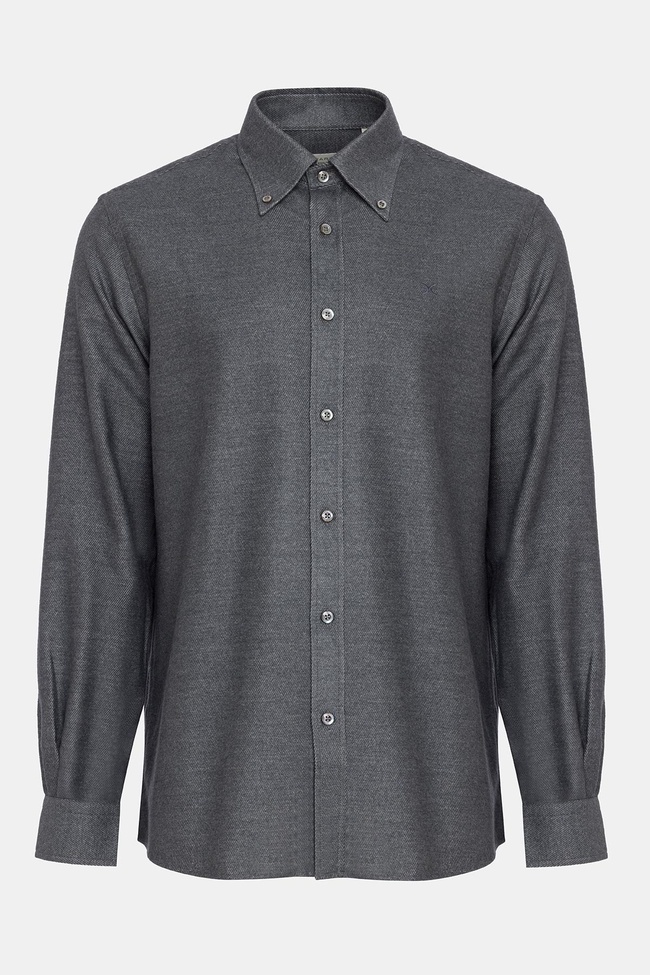  Erkek Koyu Gri Cooper Fit Düğmeli Yaka Flannel Gömlek